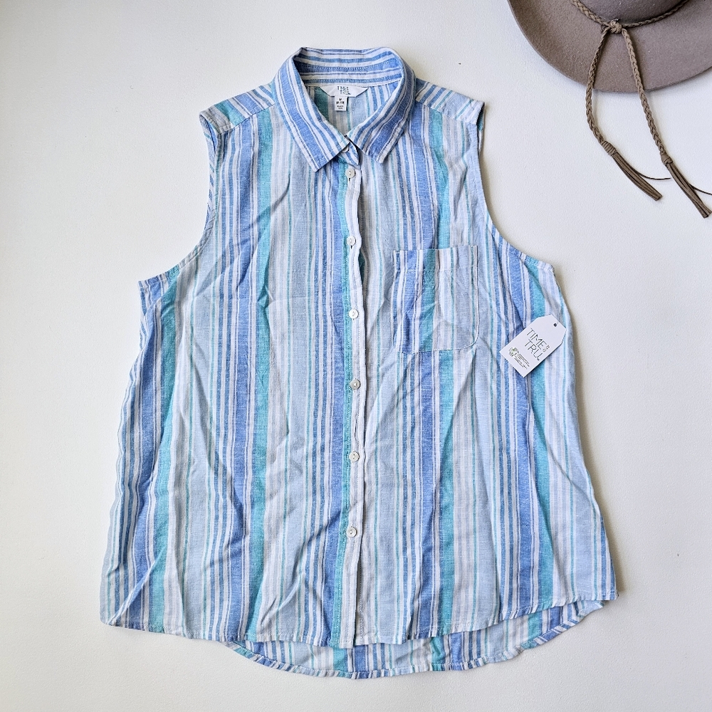Time and Tru Linen Lyocell Sleeveless Button Down Top Blue Striped Tank Blouse M